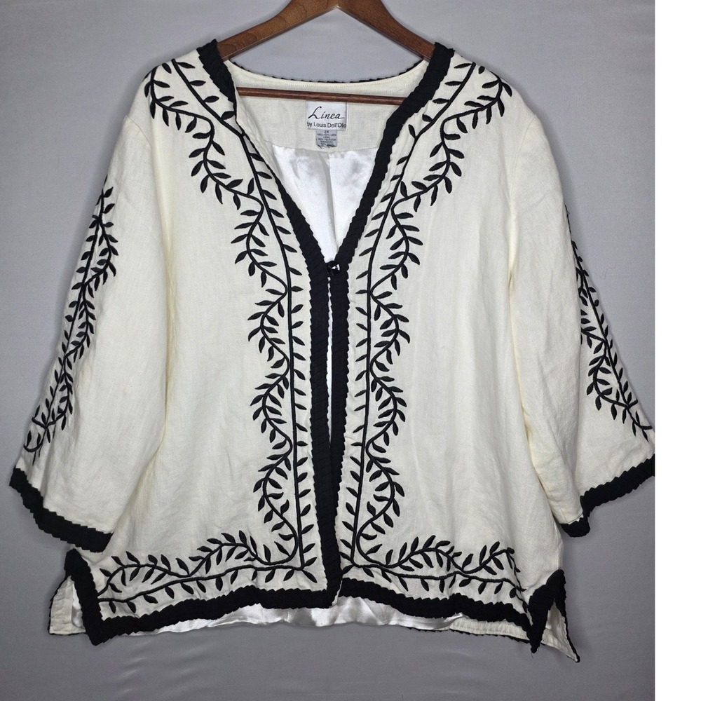 Linea By Louis Dell'olio Jacket Embroidered Linen 2X Black & White Silky lining